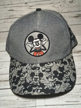 Disney Parks Mickey Mouse Hat Snapback Gray Denim All Over Brim Print Adult